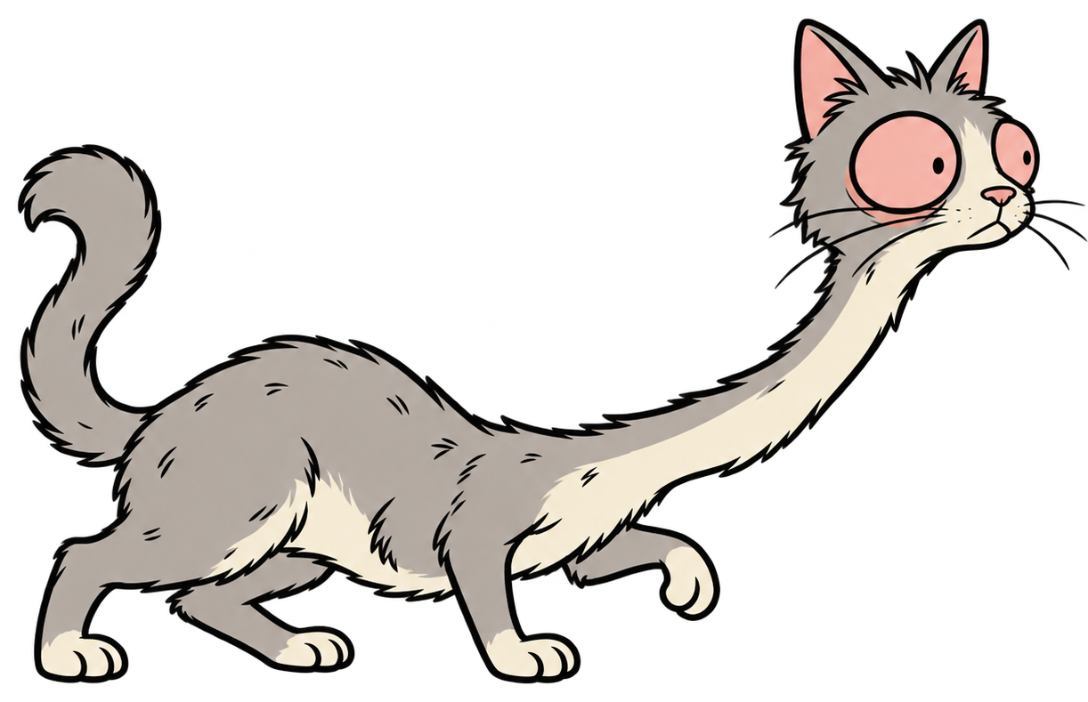Necksy, a gray cat with a spectacularly long neck, reaching to the right
